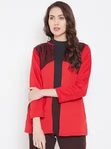 Belle Fille Women Red Solid Sequinned Detail Open Front Shrug