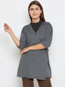 Belle Fille Women Charcoal Grey Solid Tie-Up Shrug