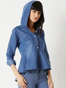 Miss Chase Women Blue Solid Shirt Style Denim Top