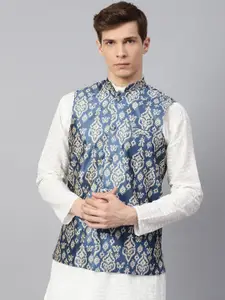 SOJANYA Men Blue & Off-White Printed Nehru Jacket