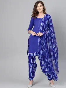 Ishin Women Blue & White Printed Unstitched Dress Material
