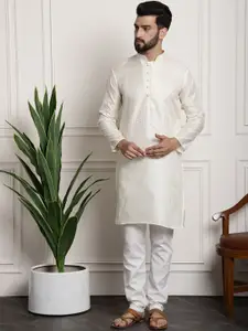SOJANYA Men Cream-Coloured & Off-White Self Design Straight Kurta with Churidar