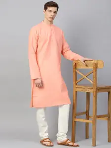SOJANYA Men Peach-Coloured & Off-White Solid Kurta with Churidar