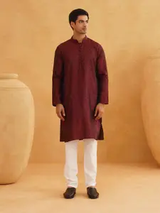 SOJANYA Men Maroon & Off-White Self Design Kurta with Churidar