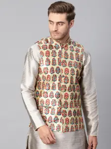 SOJANYA Men Beige & Orange Printed Nehru Jacket