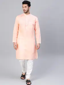 SOJANYA Men Peach-Coloured & Off-White Solid Kurta with Churidar