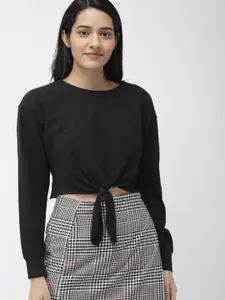 FOREVER 21 Women Black Solid Cinched Waist Crop Pure Cotton Top