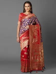 Mitera Red & Navy Blue Silk Blend Woven Design Kanjeevaram Saree