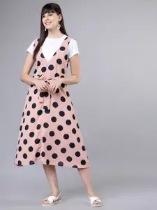 Tokyo Talkies Women Pink & Black Polka Dots Printed Pinafore Dress