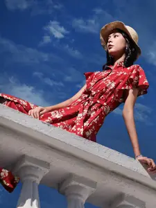 Tokyo Talkies Women Rust Red Floral Print Shirt Dress