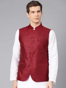 Freehand by The Indian Garage Co Men Maroon Solid Nehru Jacket