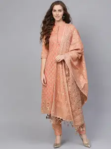 Inddus Peach-Coloured & Beige Unstitched Dress Material