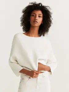 MANGO Women White Self-Striped Sweater