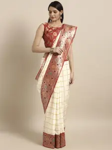 Varkala Silk Sarees Cream-Coloured & Red Silk Blend Checked Banarasi Saree