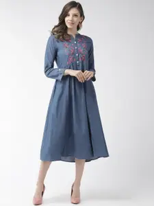 RANGMAYEE Women Blue & Pink Chambray Floral Embroidered Detail A-Line Dress