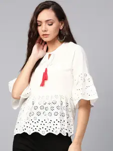 Bhama Couture Women White Schiffli Embroidered A-Line Pure Cotton Top
