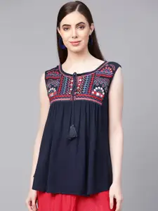 Bhama Couture Women Navy Blue Embroidered Detail Solid A-Line Pure Cotton Top