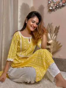 Libas Women Yellow & White Block Print Straight Kurta