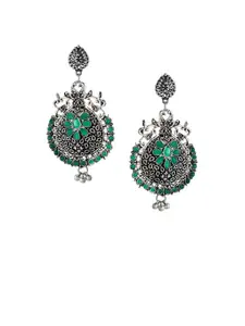 Silvermerc Designs Silver-Toned & Green Circular Drop Earrings