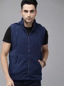 The Roadster Lifestyle Co Men Navy Blue Solid Polar Fleece Hooded Sweatshirt