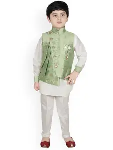 SG YUVRAJ Boys Green & Off-White Self Design Kurta with Trousers & Nehru Jacket