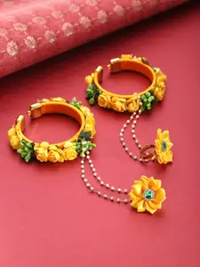 Priyaasi Set of 2 Mustard Yellow & Green Beaded Handcrafted Floral Ring Bracelets