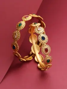 Priyaasi Set of 2 Red & Green Gold-Plated Stone-Studded Handcrafted Bangles