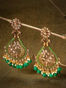 Priyaasi Green Gold-Plated Stone-Studded Beaded Hand-Painted Drop Earrings