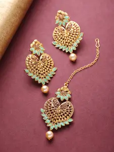 Priyaasi Mint Green Gold-Plated Stone-Studded Handcrafted Maang Tika & Earrings Set