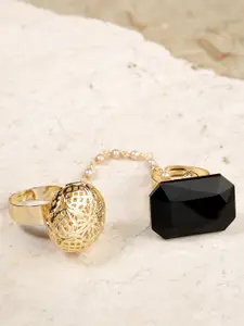 Priyaasi Black Gold-Plated Handcrafted Stone-Studded Dual Finger Adjustable Ring