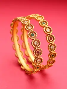 Priyaasi Set of 2 Red & Green Gold-Plated Stone-Studded Matte Finish Handcrafted Bangles