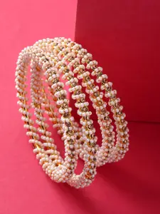 Priyaasi Set of 4 Off White Gold-Plated Stone-Studded Beaded Handcrafted Bangles
