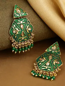 Priyaasi Green Gold-Plated Stone-Studded & Beaded Handcrafted Geometric Drop Earrings