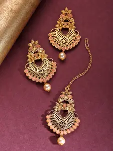 Priyaasi Peach-Coloured Gold-Plated Stone-Studded Handcrafted Maang Tika & Earrings Set