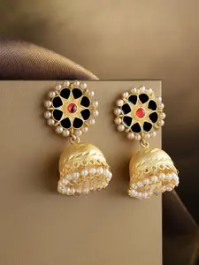 Priyaasi Black Gold-Plated Stoned Studded & Beaded Hand Painted Dome Shaped Jhumkas