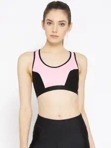 Lady Lyka Pink & Black Colourblocked Non-Wired Non Padded Sports Bra RACER-SPORT