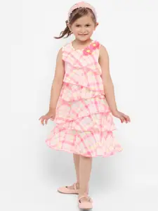 Nauti Nati Girls Off-White & Pink Checked Tiered A-Line Dress