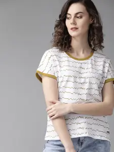 Roadster Women White  Olive Brown Printed Round Neck Pure Cotton T-shirt