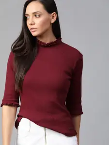 Roadster Women Burgundy Ribbed Pure Cotton Top