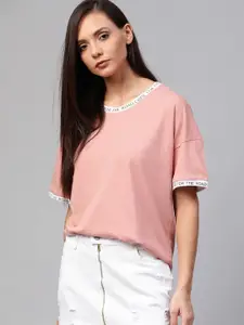 Roadster Women Dusty Pink Solid Round Neck Pure Cotton T-shirt
