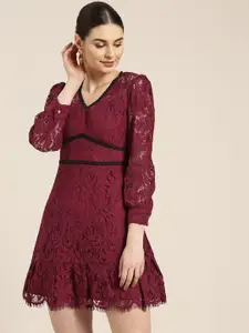 WoowZerz Women Burgundy A-Line Lace Dress
