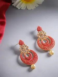 Jewels Galaxy Red Gold-Plated Stone Studded & Beaded Enamelled Crescent Shaped Chandbalis