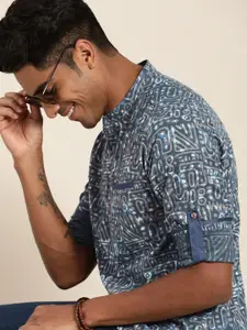 Taavi Men Navy Blue & Grey Indigo Hand Block Printed Sustainable Straight Kurta with Roll-Up Sleeves