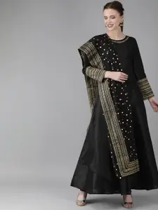 Ahalyaa Women Black Solid Fit and Flare Dress With Dupatta
