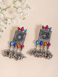 Fida Silver-Toned Geometric Oxidised Drop Earrings