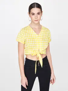 AND Women Yellow & White Checked Cinched Waist Pure Cotton Top