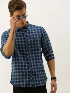 Flying Machine Men Navy Blue Slim Fit Checked Casual Shirt
