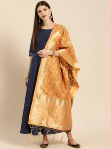 Libas Women Navy Blue & Golden Zari Self-Design Maxi Dress with Dupatta