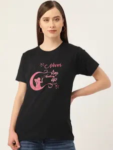 YOLOCLAN Women Black  Pink Printed Round Neck Pure Cotton T-shirt
