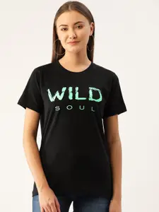 YOLOCLAN Women Black  Sea Green Printed Round Neck Pure Cotton T-shirt